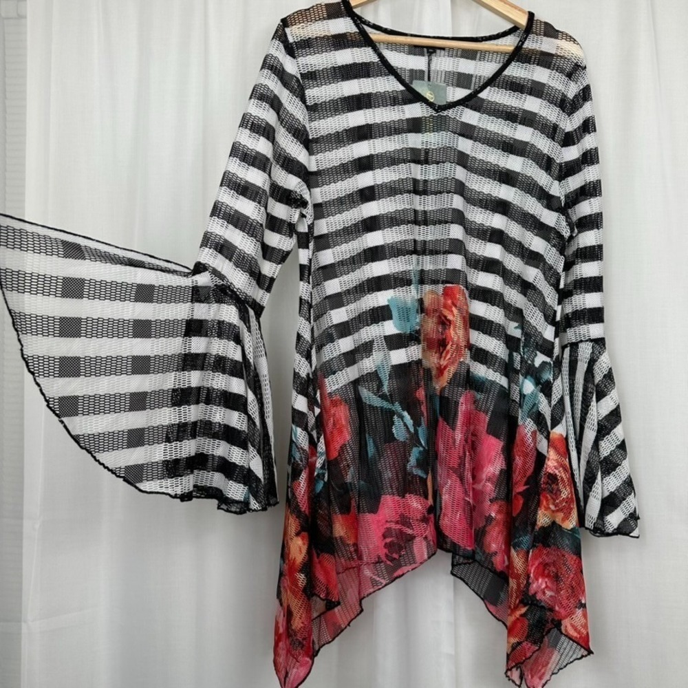 Dor Dor Couture Mesh Tunic XL‎ Floral Stripe Bell Sleeve Boho Coverup Beachy NEW